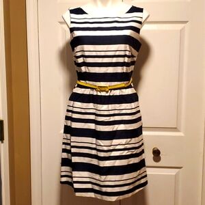 The Limited Navy Blue/White Stripes Women's Dress With Yellow Belt - Size 10